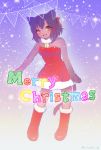  1girl artist_request boots breasts brown_eyes cat christmas dress female full_body furry gradient gradient_background open_mouth purple_hair short_hair solo 