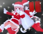  2girls 3d 3d_custom_girl artist_request cat christmas furry grey_hair multiple_girls package pink_hair red_eyes santa_costume 