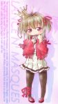  1girl blush brown_hair copyright_name crown frills gotthi jacket kidouin_makio lance_n&#039;_masques long_hair necktie pantyhose red_eyes ribbon shoes skirt smile text twintails 