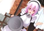  1girl 3d absurdres apron blush breasts happy headphones highres image_sample large_breasts long_hair looking_at_viewer maid maid_headdress mascot nitroplus open_mouth pink_hair red_eyes solo super_sonico tray 