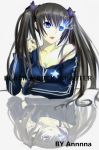  1girl annnna artist_name black_hair black_rock_shooter black_rock_shooter_(character) blue_eyes breasts burning_eye character_name cleavage highres long_hair solo twintails 