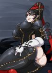  1girl ass ass_cutout backless bayonetta bayonetta_(character) black_hair blue_eyes bodysuit breasts candy elbow_gloves female glasses gloves hair_ribbon highres large_breasts lightsource lollipop long_hair looking_at_viewer lying mole mole_under_mouth on_side ribbon skindentation solo very_long_hair 
