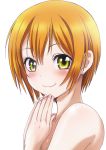  1girl blush hair_between_eyes hands_together hoshizora_rin looking_at_viewer love_live! love_live!_school_idol_project nail_polish nanno_koto nude orange_hair pink_nails short_hair simple_background smile solo upper_body white_background yellow_eyes 