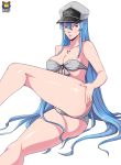  1girl akame_ga_kill! bikini blue_hair blush breasts esdeath kyoffie swimsuit tattoo 