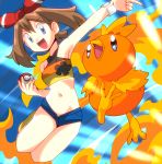  blue_eyes brown_hair denim denim_shorts haruka_(pokemon) midriff poke_ball pokemon pokemon_(anime) shorts smile torchic 