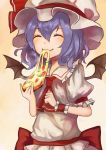  +5cm 1girl bat_wings blue_hair closed_eyes eating food hair_ornament happy hat pizza remilia_scarlet short_hair smile solo touhou wings 