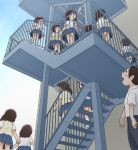  1boy child from_below kiyo_(kyokyo1220) looking_up multiple_girls original outside panties school_uniform stairs underwear upskirt walking 