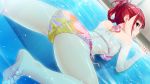  1girl ass bare_shoulders barefoot bikini blush breasts feet female from_behind game_cg hair_up hanekura_tomoe highres hitozuma_swimming_club ino interheart legs looking_back partially_submerged pink_eyes pool redhead small_breasts smile soles solo swimsuit thighs toes water wet 