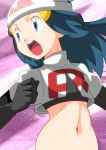  1girl blue_eyes blue_hair cosplay female hikari_(pokemon) long_hair midriff nintendo pokemon pokemon_(anime) pokemon_(game) pokemon_dppt solo team_rocket team_rocket_(cosplay) uniform 