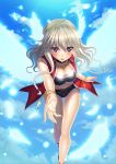  1girl angel_wings blonde_hair blush breasts choker cleavage clouds feathers female flying game_cg head_wings highres in_vitro_shoujo large_breasts legs long_hair looking_at_viewer navel pink_eyes sandals short_shorts shorts sky sleeveless smile solo tadano_akira thighs wings 