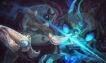  1girl animal_ears aura bow_(weapon) breasts glowing glowing_eyes glowing_weapon kindred lamb_(league_of_legends) league_of_legends markings mask monori_rogue monster weapon wolf_(league_of_legends) 