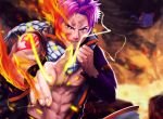  2boys abs animal asymmetrical_clothes cat cave clenched_hands epic fairy_tail fire flame gradient gradient_background happy_(fairy_tail) lava looking_at_viewer lying male_focus multiple_boys natsu_dragneel on_fire pink_hair realistic scar standing tattoo veins 