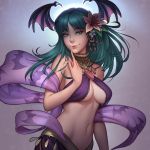  1girl alternate_costume bat_print breasts capcom cleavage cross_edge female green_eyes green_hair head_wings jewelry jonathan_hamilton large_breasts long_hair morrigan_aensland smile solo under_boob upper_body vampire_(game) 