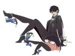  1girl bayonetta bayonetta_(character) bayonetta_2 black_hair glasses kirby kirby_(series) leg_up lipstick makeup mole mole_under_mouth nintendo oeilvert pose short_hair sitting smile super_smash_bros. what 