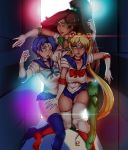  3girls alley bishoujo_senshi_sailor_moon blonde_hair blue_hair brown_hair darkestmbongo kino_makoto lens_flare looking_at_viewer mizuno_ami multiple_girls pose sailor_collar sailor_jupiter sailor_mercury sailor_moon tiara tsukino_usagi 