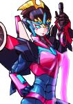  1girl autobot blue_eyes breasts lipstick makeup mecha_girl oberon826 transformers windblade_(transformers) wings 