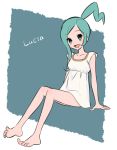  10s 1girl barefoot dress feet green_eyes green_hair lucia_(pokemon) pokemon pokemon_(game) pokemon_oras smile solo ucchii 