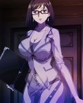  1girl bra breasts brown_hair cleavage earrings female glasses jewelry k_(anime) large_breasts long_hair panties parted_lips pencil_skirt screencap secretary see-through skirt solo standing stitched underwear 
