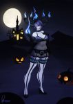  1girl blue_fire blue_skin bra chandelure fire garter_straps garters gloves halloween high_heels horns lingerie monster_girl personification pokemon pokemon_(game) rayzoir see-through shoes short_hair solo thigh-highs underwear yellow_eyes 