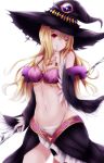  1girl bare_shoulders black_legwear blonde_hair dorothy_(shingeki_no_bahamut) hat jewelry long_hair looking_at_viewer necklace nya_rl red_eyes shadowverse solo witch witch_hat 