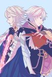  2boys armor back-to-back book cape coat fire_emblem fire_emblem:_kakusei fire_emblem_if glowing glowing_weapon hood jisonshin multiple_boys my_unit_(fire_emblem:_kakusei) my_unit_(fire_emblem_if) nintendo open_mouth pointy_ears short_hair silver_hair super_smash_bros. sword 
