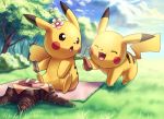  1boy 1girl happy ho-oh_(artist) nintendo outdoors pikachu pokemon 