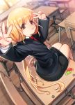  1girl brown_eyes candy chair classroom desk double_v fisheye food futaba_anzu highres idolmaster idolmaster_cinderella_girls long_hair looking_at_viewer low_twintails necktie rheez school_desk school_uniform sitting solo twintails v very_long_hair window 