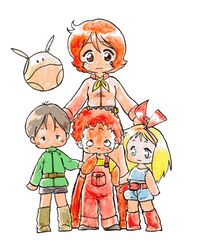  2boys 2girls blonde_hair blue_eyes brown_hair chibi frau_bow freckles gundam haro katz_howan kikka_kitamoto letz_cofan mobile_suit_gundam multiple_boys multiple_girls robot ya-ma 