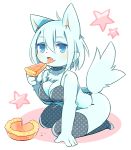  1girl artist_request blue_eyes blue_hair bra breasts dog eating female full_body furry long_hair panties pie solo tongue underwear white_background 