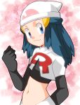 1girl blue_eyes blue_hair cosplay female hikari_(pokemon) long_hair looking_at_viewer nintendo pokemon pokemon_(anime) pokemon_(game) pokemon_dppt solo team_rocket team_rocket_(cosplay) uniform 