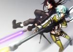  1boy 1girl absurdres anti-materiel_rifle armband black_eyes black_hair blue_eyes blue_hair bolt_action energy_sword garter_belt gun hair_ornament hairclip highres holding holding_gun holding_weapon kirito kirito_(sao-ggo) long_hair pgm_hecate_ii rifle scope shinon_(sao) sniper_rifle sword sword_art_online weapon 