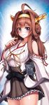  1girl 3: ahoge brown_hair collarbone detached_sleeves double_bun fuyu_no_usagi grey_eyes hairband highres kantai_collection kongou_(kantai_collection) long_hair looking_at_viewer machinery nontraditional_miko pleated_skirt skirt solo 