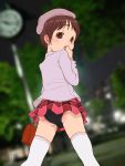  1boy androgynous ass bag blurry blush brown_eyes brown_hair bulge child crossdressinging depth_of_field handbag hat jacket looking_back panties pantyshot short_hair skirt socks solo soundvillage trap underwear 