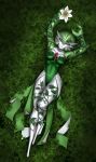  1girl batman_(series) breasts crossover dc_comics female flower gardevoir green_hair green_skin leaf legs lying mykegreywolf poison_ivy poison_ivy_(cosplay) pokemon pokemon_(game) red_eyes solo thighs 