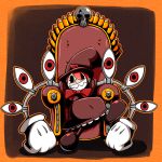  1girl bow chair dress female gloves grin hat mechanical_arms orange_hair peacock_(skullgirls) red_eyes ribbon short_hair sitting skull skullgirls smile solo teeth top_hat 