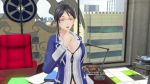  1girl 3d animated animated_gif atlus beauty_mark black_eyes black_hair breasts cleavage closed_eyes female genei_ibunroku_#fe glasses jacket jiggle large_breasts shimazaki_maiko short_hair solo talking 