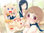  3girls :&gt; blonde_hair blue_hair blush brown_hair cake chair cheesecake classroom cookie cup desk dessert eating food food_on_face fork full-face_blush hair_bobbles hair_ornament long_hair mizu_asato mug multiple_girls original school_desk school_uniform serafuku smile strawberry tea twintails wavy_mouth window 