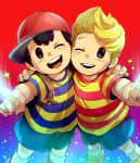  2boys ;) backpack bag baseball_cap black_hair blonde_hair child glowing hat lucas mother_(series) multiple_boys ness nintendo one_eye_closed pointing shirt shoes short_hair shorts sideways_hat smile sneakers star striped striped_shirt t-shirt wink 