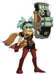  1girl aqua_hair boots gloves goggles green_eyes grin indivisible mechanical_arm scarf smile steampunk 