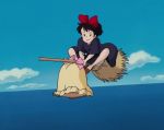  1girl 80s animated animated_gif black_hair bloomers bow broom cat dress kiki majo_no_takkyuubin ocean spread_legs studio_ghibli underwear 