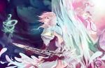  2girls animus-rhythm armor breastplate feather final_fantasy final_fantasy_xiii final_fantasy_xiii-2 lightning_farron multiple_girls pink_hair serah_farron sword weapon 