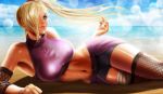  1girl alan_vadell arm_warmers armpits beach blonde_hair curvy fishnet_legwear fishnets hair_over_one_eye lying midriff naruto naruto_shippuuden navel ocean on_side ponytail sand skirt solo sun sunlight thigh-highs yamanaka_ino 