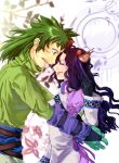  1boy 1girl belt black_hair breasts brown_eyes card closed_eyes dress gloves green_hair hilda_rhambling horns lips long_hair makeup open_mouth tales_of_(series) tales_of_rebirth tytree_crowe 