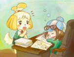  1boy 1girl blonde_hair desk doubutsu_no_mori furry hair_ornament nintendo shizue_(doubutsu_no_mori) short_hair sleeping 