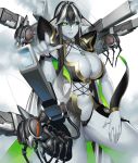  1girl bare_legs black_hair black_sclera breasts cleavage female gradient gradient_background green_eyes grey_skin insect large_breasts lips long_hair looking_at_viewer machine obui pointy_ears robot silver_hair smile solo taimanin_asagi taimanin_asagi_battle_arena thong two-tone_hair weapon wisp_(taimanin_asagi) 