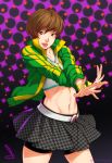  1girl belt brown_hair feguimel looking_at_viewer midriff navel open_mouth persona persona_4 persona_4:_dancing_all_night pose satonaka_chie skirt 
