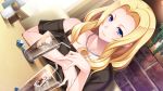  1girl blonde_hair blue_eyes blush breast_rest breasts collarbone cup drink dutch_angle female game_cg highres hitozuma_swimming_club ice ice_cube ino interheart jewelry kayashima_aki large_breasts long_hair looking_at_viewer necklace sitting smile solo table upper_body 