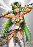  1girl armpits badcompzero breasts bridal_gauntlets cleavage green_hair jewelry kid_icarus kid_icarus_uprising looking_at_viewer lots_of_jewelry over_shoulder palutena side_slit solo staff thigh-highs tiara weapon_over_shoulder 