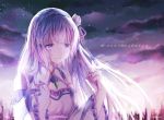  1girl blue_eyes breasts butterfly_on_hand copyright_name detached_sleeves emilia_(re:zero) error floating_hair flower gem hair_flower hair_ornament hair_ribbon highres iceblue long_hair medium_breasts night outdoors purple_ribbon re:zero_kara_hajimeru_isekai_seikatsu ribbon signature silver_hair smile solo upper_body very_long_hair white_flower 