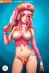  1girl adapted_costume alternate_costume alternate_hair_color arcade_(league_of_legends) breasts bubble_blowing bubblegum cleavage didi_esmeralda gun hat league_of_legends midriff navel pink_hair sarah_fortune solo weapon 